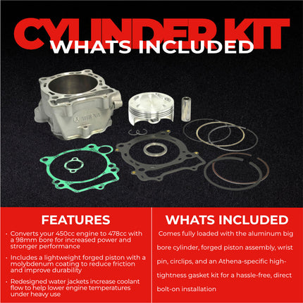 Athena P400485100016 478cc Big Bore Cylinder Kit (98mm Bore) - Forged Piston Performance Upgrade, Converts 450cc to 478cc, Compatible with Yamaha YFZ450 ATV, YZ450F, and WR450F