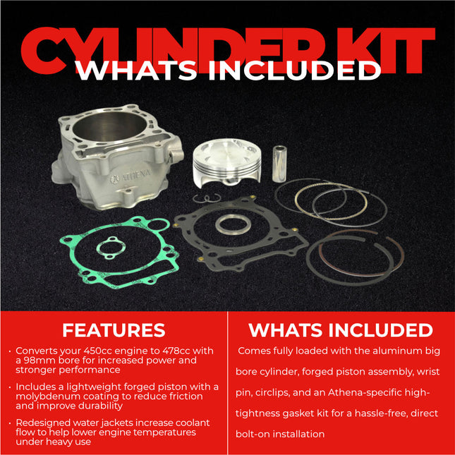 Athena P400485100016 478cc Big Bore Cylinder Kit (98mm Bore) - Forged Piston Performance Upgrade, Converts 450cc to 478cc, Compatible with Yamaha YFZ450 ATV, YZ450F, and WR450F