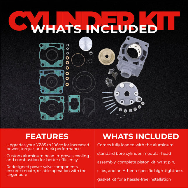 Athena P400485100077 106cc Big Bore Cylinder Kit with Modular Head & Exhaust Valves (53mm Bore) - Premium 2-Stroke Performance Upgrade, Compatible with Yamaha YZ85 2019-2026