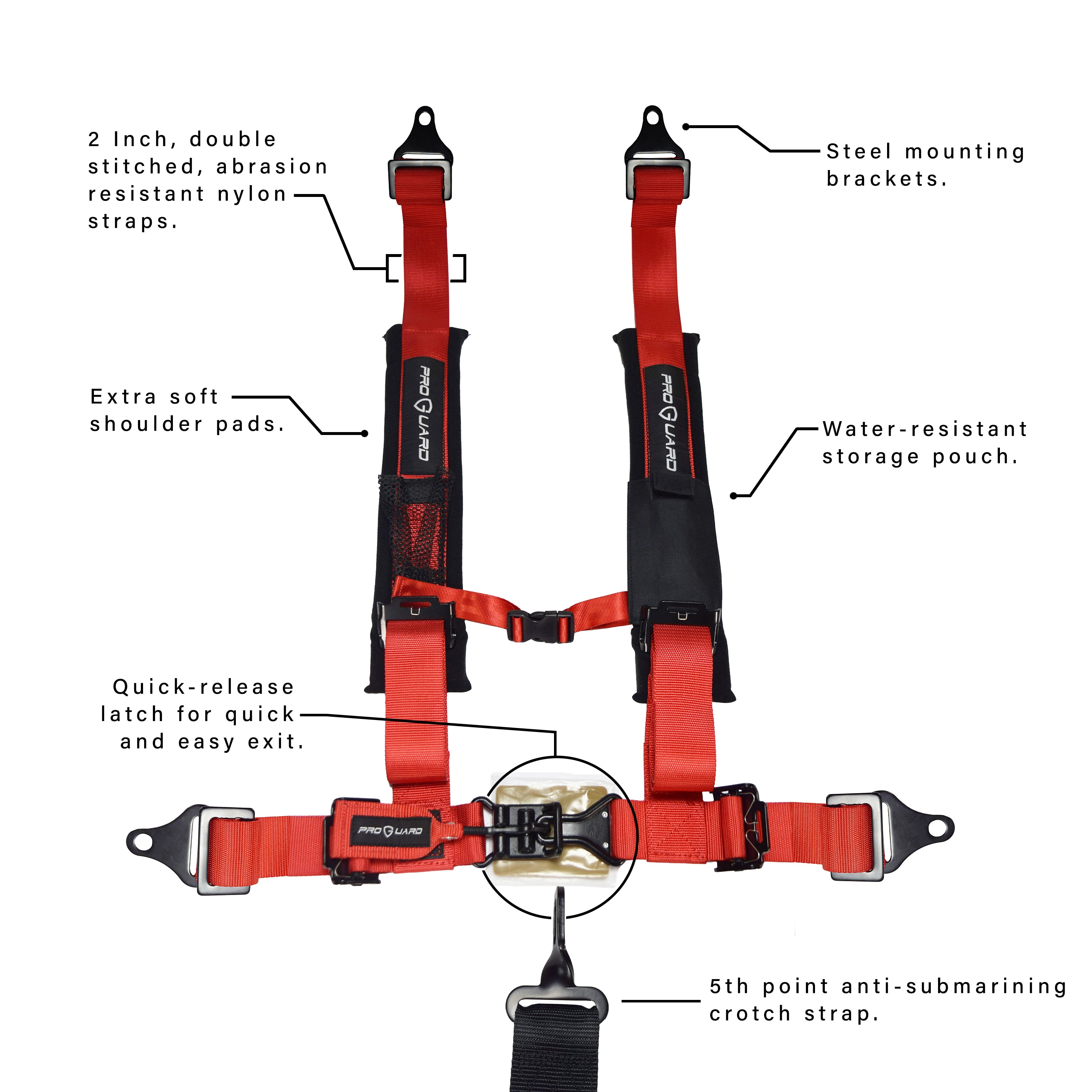 ProGuard Red 5 Point Universal Off-Road Harness 2" Straps 2pk w/ Bypass Clip