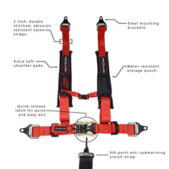 PROGUARD Red 5 Point Universal UTV Off-Road Harness 2" Straps w/ Bypass Clip