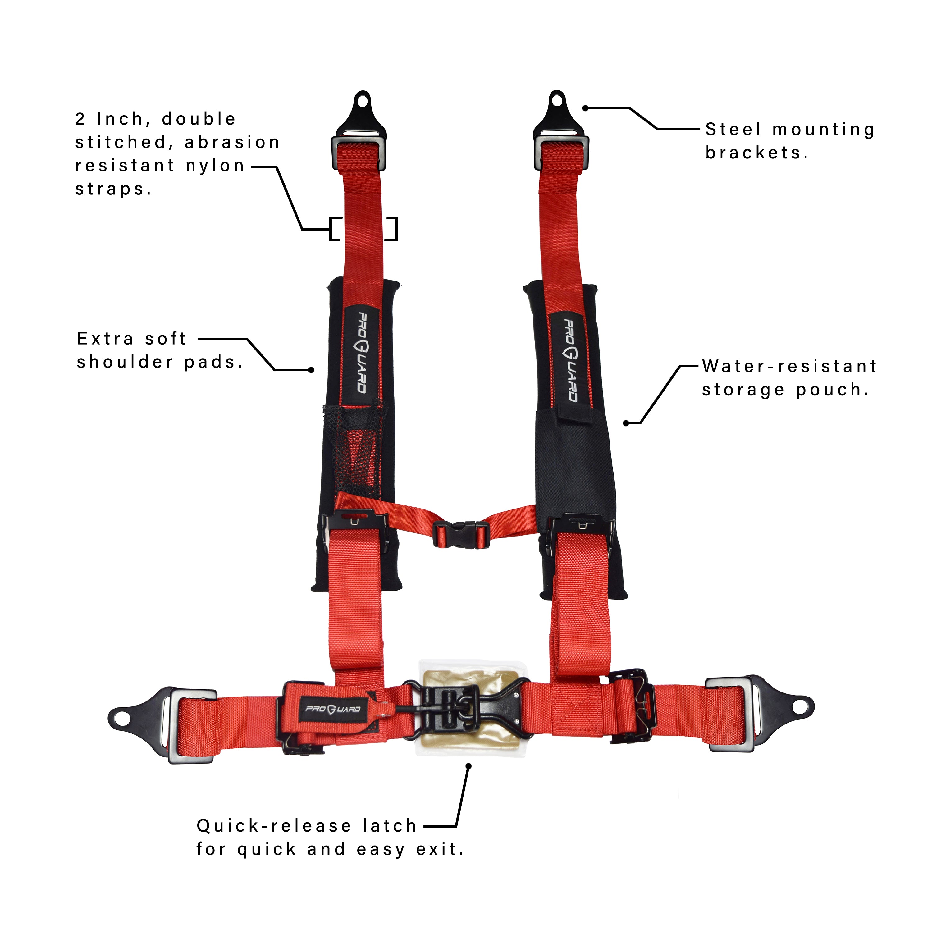 PROGUARD Red 4 Point Universal UTV Off-Road Harness 2" Straps w/ Bypass Clip