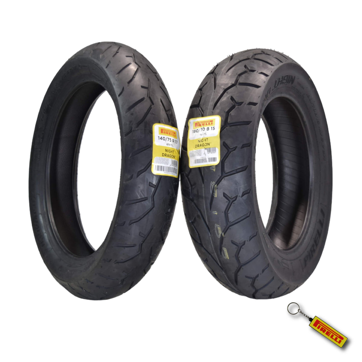 Pirelli Night Dragon 140/75R17 and 180/70R15 Motorcycle Tires with Keychain