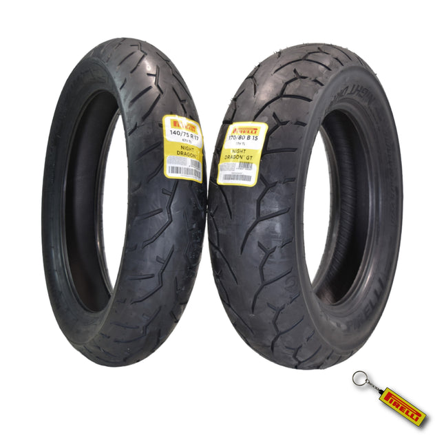Pirelli Night Dragon Tire Set: 140/75R17 M/C 67V TL Front & 170/80B15 M/C 77H TL Rear Cruiser Motorcycle Tires - Superior Traction & Handling for High-Performance Cruisers with Keychain
