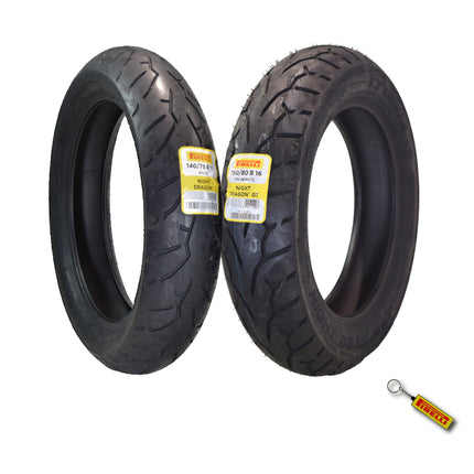 Pirelli Night Dragon Tire Set: 140/75R17 M/C 67V TL Front & 150/80B16 M/C 77H REINFTL Rear Cruiser Motorcycle Tires - Superior Traction & Handling for High-Performance Cruisers with Keychain