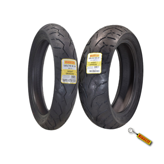 Pirelli Night Dragon Tire Set: 130/70R18 M/C 63V TL Front  & 180/60R17 M/C 81H REINFTL Rear Cruiser Motorcycle Tires - Superior Traction & Handling for High-Performance Cruisers with Keychain