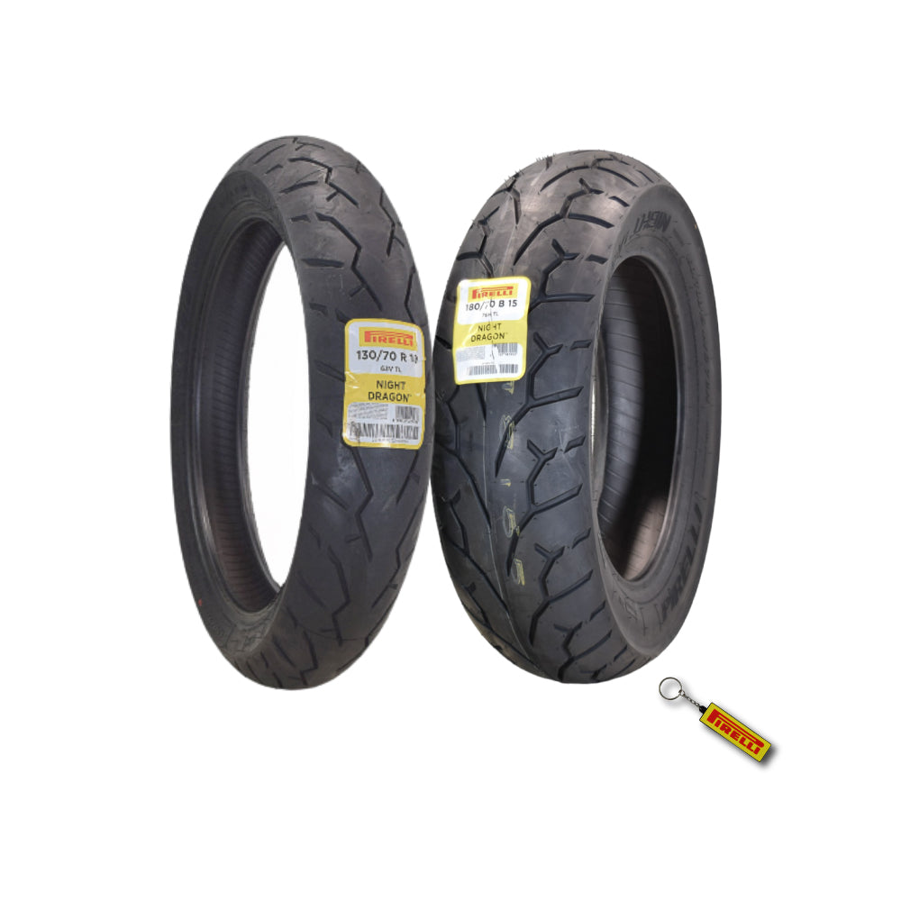 Pirelli Night Dragon 130/70R18 and 180/70R15 Motorcycle Tires with Keychain