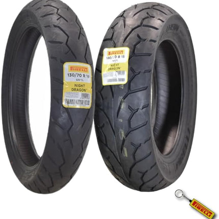 Pirelli Night Dragon Tire Set: 130/70R18 M/C 63V TL Front  & 180/70B15 M/C 76H TL Rear Cruiser Motorcycle Tires - Superior Traction & Handling for High-Performance Cruisers with Keychain