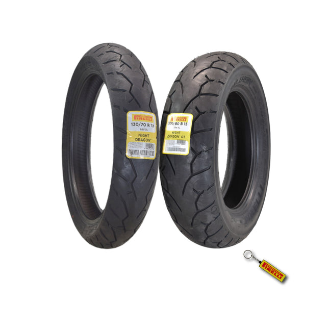 Pirelli Night Dragon Tire Set: 130/70R18 M/C 63V TL Front & 170/80B15 M/C 77H TL Rear Cruiser Motorcycle Tires - Superior Traction & Handling for High-Performance Cruisers with Keychain