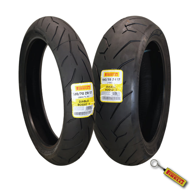 Pirelli Diablo Rosso II 120/70 ZR 17 M/C (58W) TL (K) Front & 190/55 ZR 17 M/C (75W) TL Rear Motorcycle Tires- Sport Performance for Road Use Tire Set with Keychain