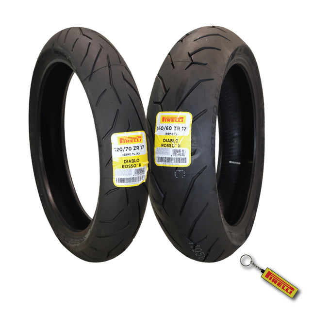 Pirelli Diablo Rosso II  120/70 ZR 17 M/C (58W) TL (K) Front & 160/60 ZR 17 M/C (69W) TL Rear Motorcycle Tires- Sport Performance for Road Use Tire Set with Keychain