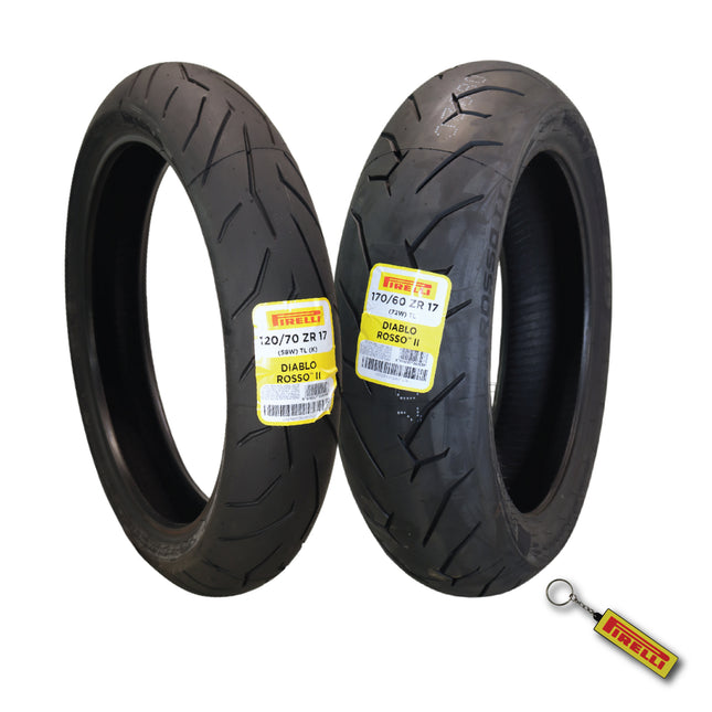 Pirelli Diablo Rosso II 120/70 ZR 17 M/C (58W) TL (K) Front & 170/60 ZR 17 M/C (72W) TL Rear Motorcycle Tires- Sport Performance for Road Use Tire Set with Keychain