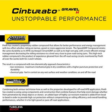 Pirelli Cinturato Gravel H TLR Classic 35-622 (700 x 35c) Road Bicycle Tire - SpeedGrip Compound, Clincher Type, Tubeless Ready Bike Tire 700x35c