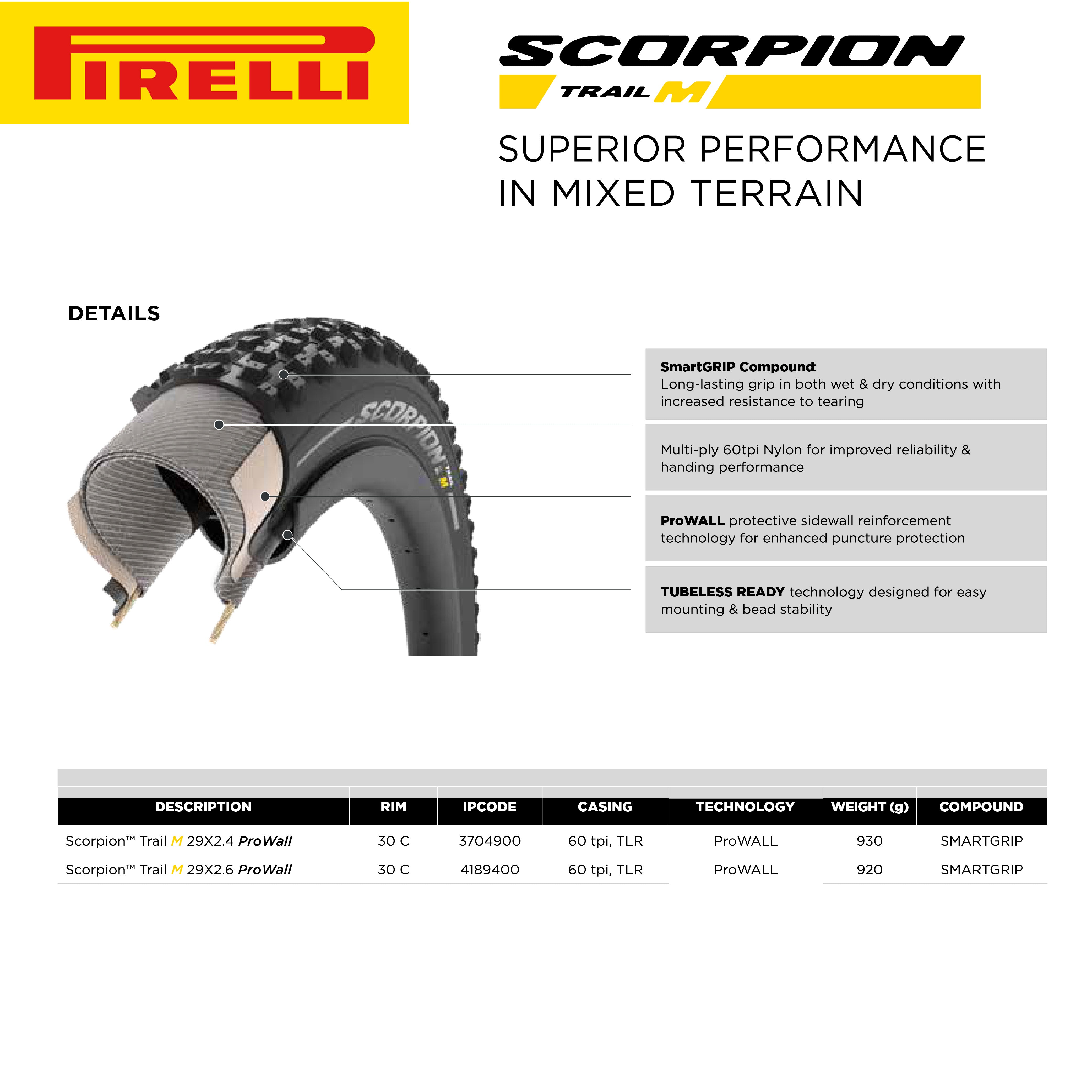 Pirelli Scorpion Trail M Color Bicycle Tire (29x2.4) Versatile Performance for Trail Riding & Downcountry Adventures SmartGRIP Compound ProWALL Technology Medium Profile Tread