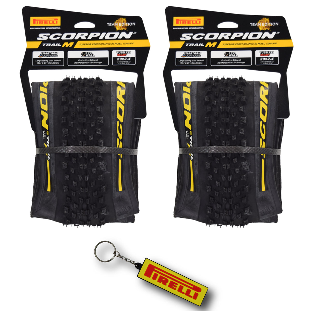 Pirelli Scorpion Trail M Yellow Label 60-622 (29x 2.4) MTB Bicycle Tire  - Designed for Trail Riding with Varying Terrain, 60TPI and ProWall Casing- Trail Bike Tire w/Keychain (2 Pk)