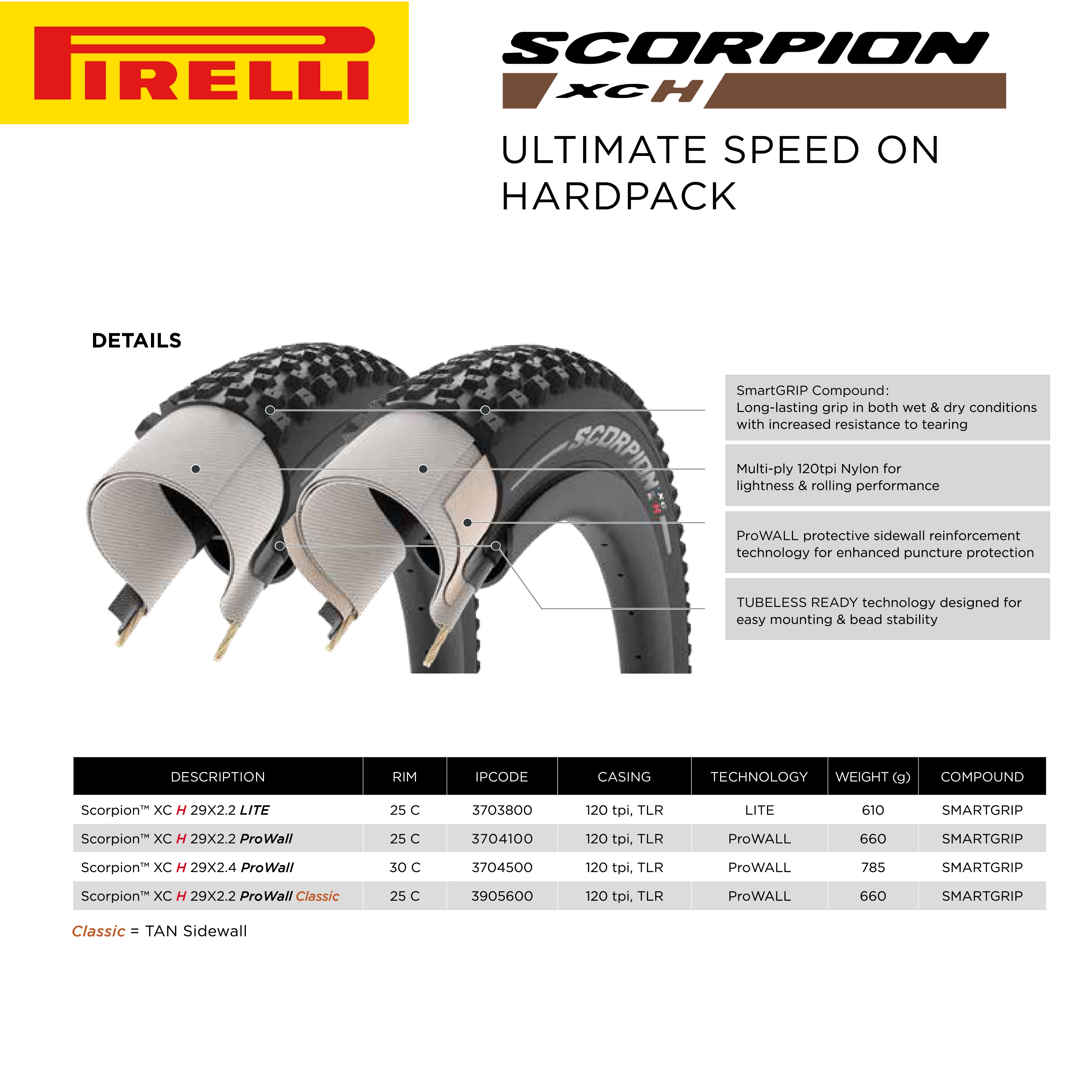 Pirelli SCORPION XC H Classic Bicycle Tire (29” x 2.2) Optimal Speed and Grip for Hardpacked Courses, SmartGRIP Compound, ProWALL Technology, Durable Performance for XC Racing and Enduro