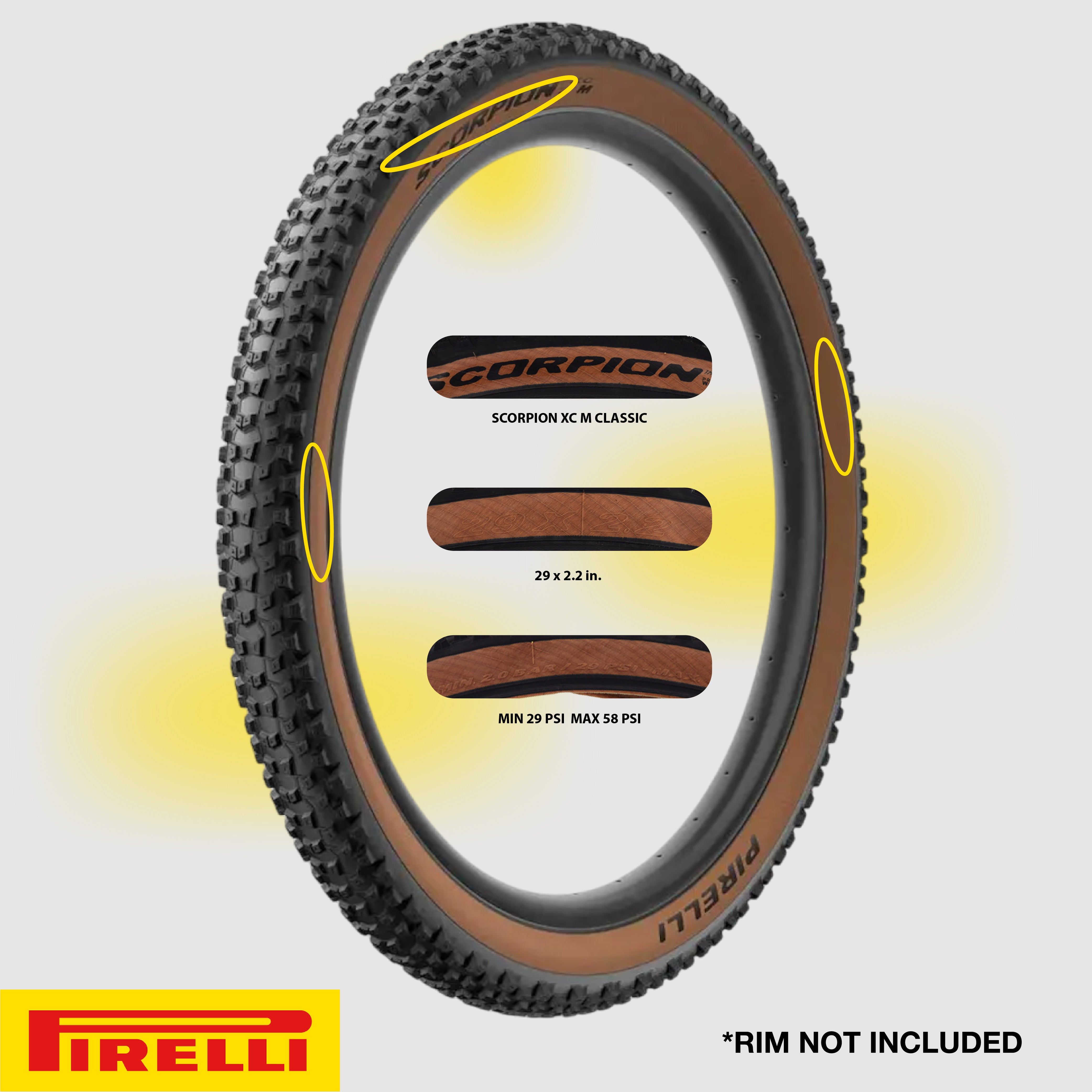 Pirelli SCORPION™ Sport XC M Classic Bicycle Tire (29 x 2.2) Durable Performance for Relaxed MTB Rides, Procompound Endurance, ProWALL Technology, Medium Profile Tread Pattern