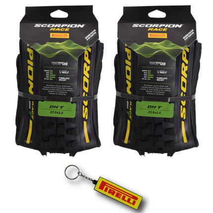 Pirelli Scorpion Race DH T Yellow 63-584 (27.5x 2.5) MTB Bicycle Tire  - Designed for Hardpacked Courses and Mixed Terrain, 60TPI and ProWall Casing- Mountain Bike Tire w/Keychain (2 Pk)
