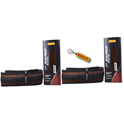 Pirelli P ZERO Race TLR Classic 28-622 (700x28c) Road Bike Tire - Tubeless Ready, Lightweight, High-Performance Bicycle Tire for Road Racing & Training –Tan Sidewall, SmartEVO Compound w/Keychain(2Pk)