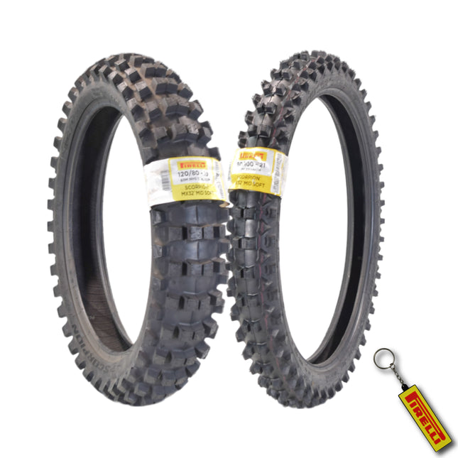 PIRELLI MID-SOFT STADIUM 80/100-21 M/C 51M MST & 120/80-19 NHS 63M with Keychain – Ideal for Soft and Intermediate Terrain -Premium Off-Road Performance Even in Extreme racing conditions!
