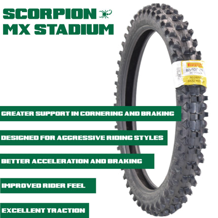 PIRELLI MID-SOFT STADIUM 80/100-21 M/C 51M MST & 120/80-19 NHS 63M with Keychain – Ideal for Soft and Intermediate Terrain -Premium Off-Road Performance Even in Extreme racing conditions!