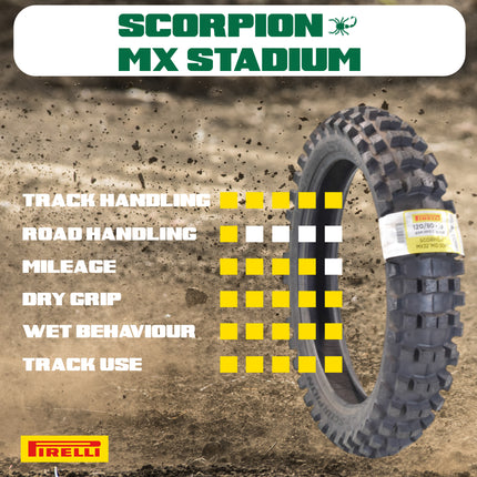 PIRELLI MID-SOFT STADIUM 120/80-19 NHS 63M Rear Tire with Keychain – Ideal for Soft and Intermediate Terrain -Premium Off-Road Performance Even in Extreme racing conditions!