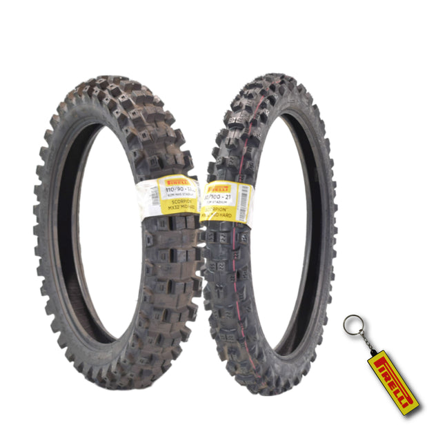PIRELLI MID-HARD STADIUM 80/100-21 M/C 51M MST & 110/90-19 NHS 62M with Keychain - Ideal for Soft and Intermediate Terrain -Premium Off-Road Performance Even in Extreme racing conditions!