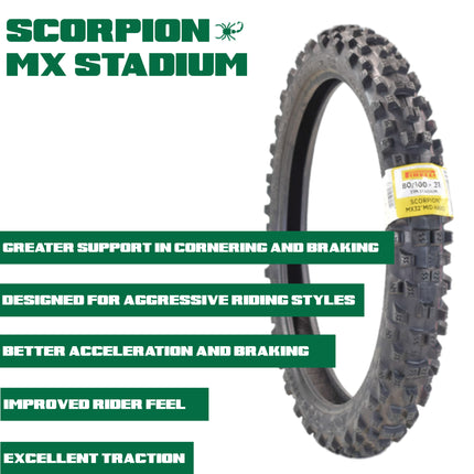 PIRELLI MID-HARD STADIUM 80/100-21 M/C 51M MST Front Tire with Keychain – Superior Off-Road Performance and Durability for Hard Terrain Riding – Ideal for Competitive and Recreational Dirt Bikes!