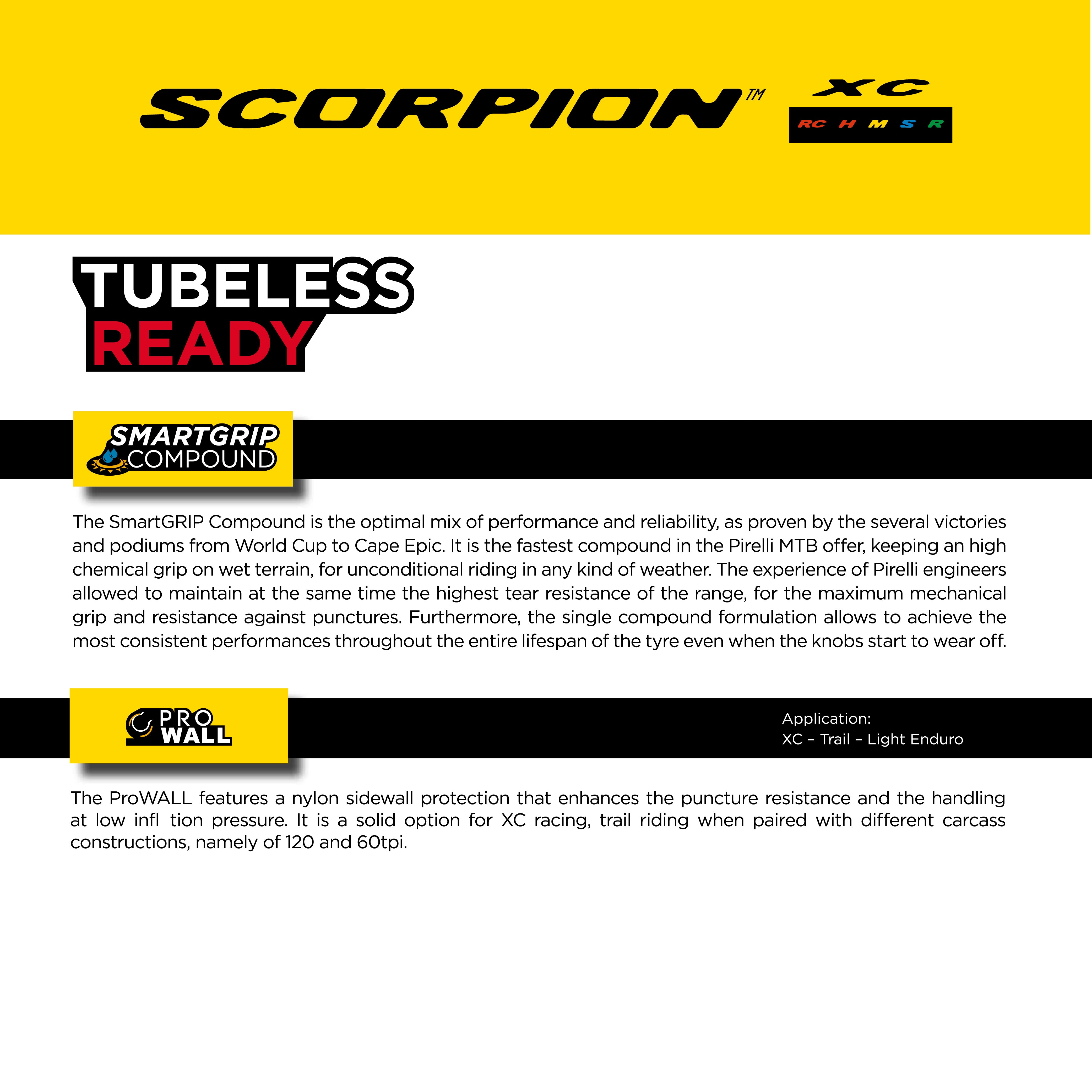 Pirelli SCORPION™ XC RC Color (29 x 2.4)  Peak Performance for Demanding XC Racing SmartGRIP Compound ProWALL Technology Versatile Tread Design