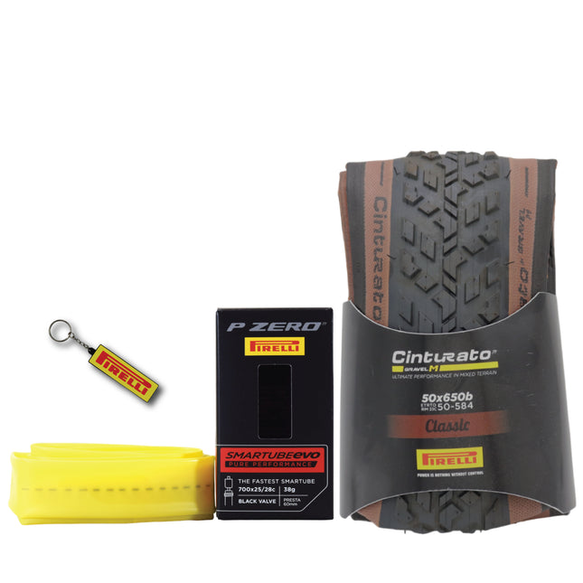 Pirelli Cinturato Gravel M TLR Classic 50-584 (650 x 50c) Road Bicycle Tire & 46/58-584 Presta Scorpion SmarTUBE - SpeedGrip Compound, Clincher Type, Tubeless Ready Bike Tire with Keychain
