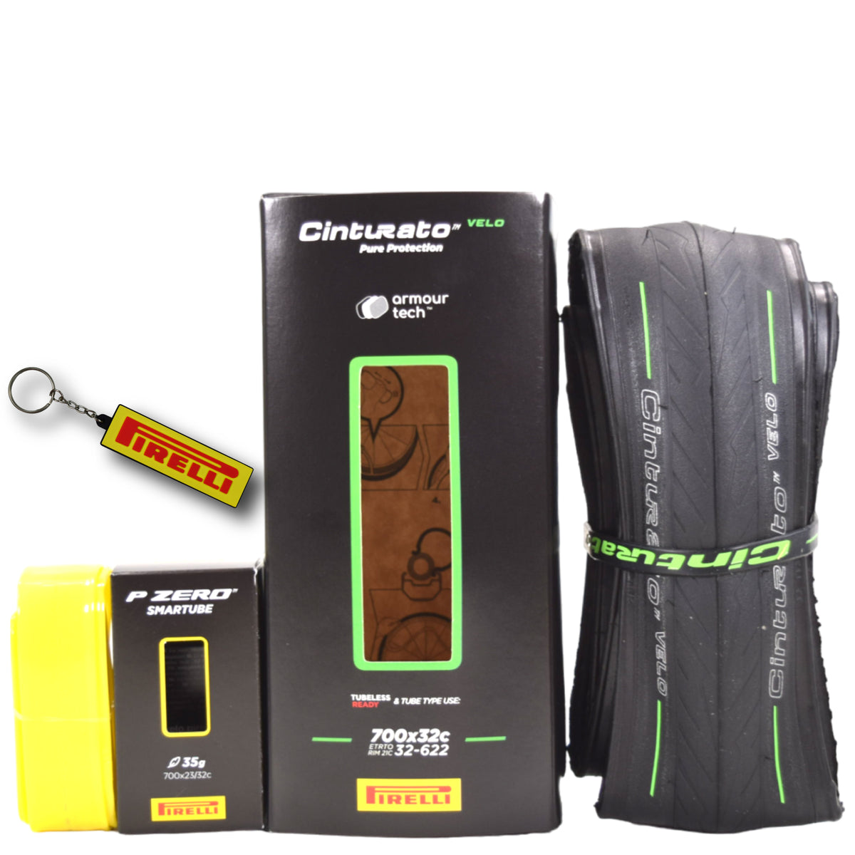 Pirelli Cinturato Velo TLR 32-622 (700 x 32c) Road Bicycle Tire & 23/32-622 Presta P ZERO SmarTUBE - Armour Tech, Clincher Type, Tubeless Ready Bike Tire with Keychain 700x32c