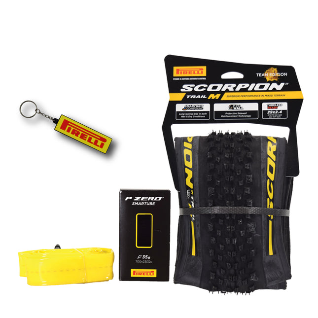 Pirelli Scorpion Trail M Yellow Label 60-622(29x 2.4) MTB Bicycle Tire & SmarTUBE 23/32-622 Set- Designed for Trail Riding with Varying Terrain, 60TPI - Trail Bike Tire w/Keychain
