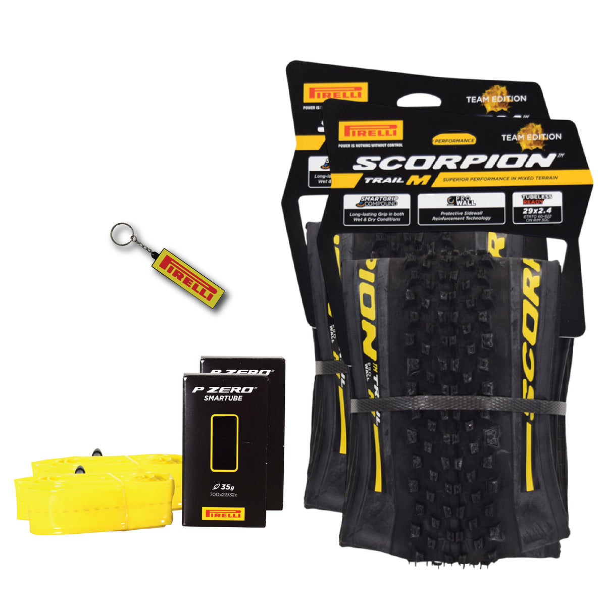 Pirelli Scorpion Trail M Yellow Label 60-622(29x 2.4) MTB Bicycle Tire & SmarTUBE 23/32-622 Set- Designed for Trail Riding with Varying Terrain, 60TPI - Trail Bike Tire w/Keychain(2 Pack)