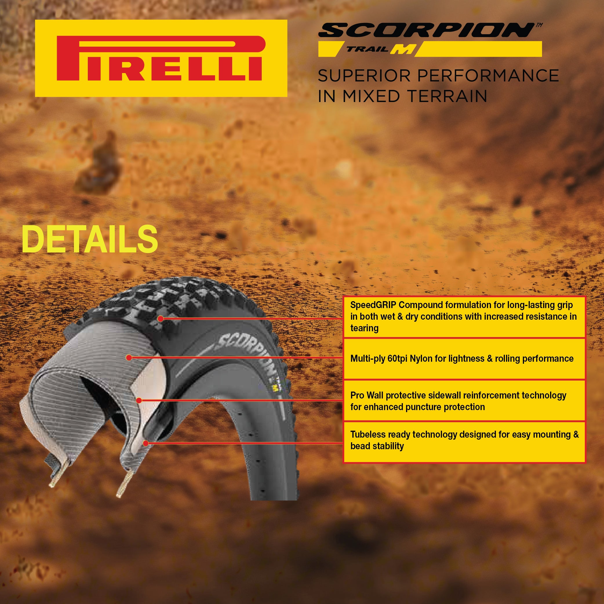 Pirelli Scorpion Trail M Yellow Label 60-622(29x 2.4) MTB Bicycle Tire & SmarTUBE 23/32-622 Set- Designed for Trail Riding with Varying Terrain, 60TPI - Trail Bike Tire w/Keychain(2 Pack)