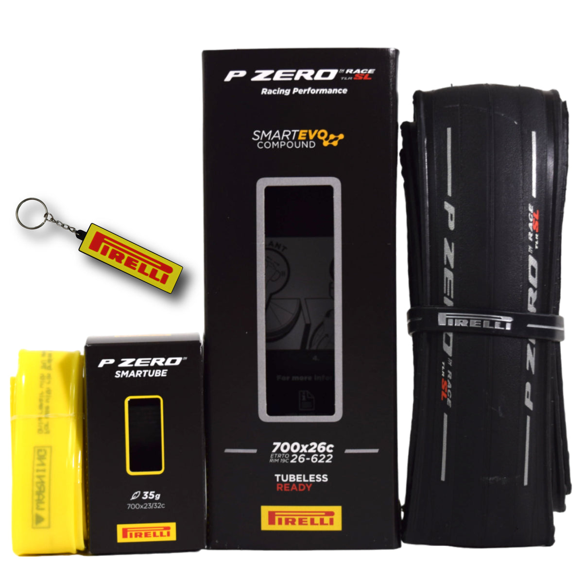 Pirelli P ZERO Race TLR SL 26-622(700x26c) & SmarTUBE 23/32-622 700C Road Bike Tire & Presta Tube Set- Super Lightweight, Bicycle Tire & Tube Set for Road Racing - SmartEVO Compound w/Keychain
