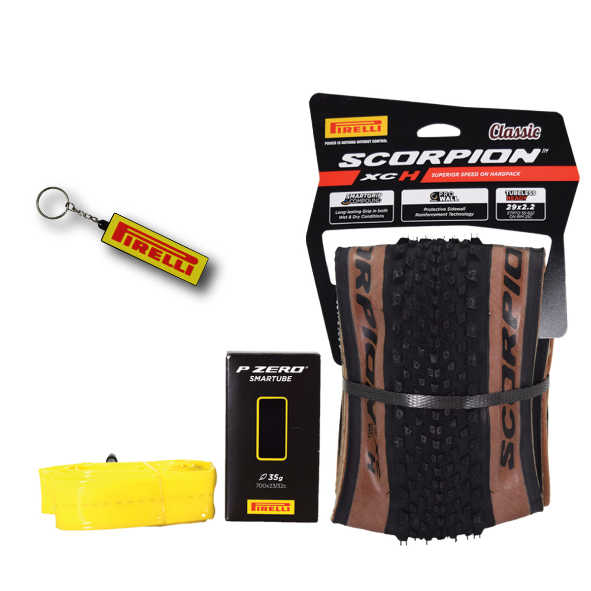 Pirelli Scorpion XC H Classic Tan 55-622 (29x 2.2) MTB Bicycle Tire & SmarTUBE 23/32-622 Set- Designed for Hardpacked Courses, 60TPI and ProWall Casing- Mountain Bike Tire w/Keychain