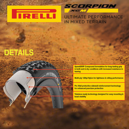 Pirelli Scorpion XC M Classic Tan 55-622 (29x 2.2) MTB Bicycle Tire & SmarTUBE 23/32-622 Set- Designed for Hardpacked Courses, 60TPI and ProWall Casing- Mountain Bike Tire w/Keychain