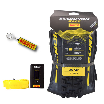 Pirelli Scorpion Race DH M Yellow 63-584 (27.5x 2.5) MTB Bicycle Tire & SmarTUBE 23/32-622 Set- Designed for Hardpacked Courses and Mixed Terrain, 60TPI - Mountain Bike Tire w/Keychain