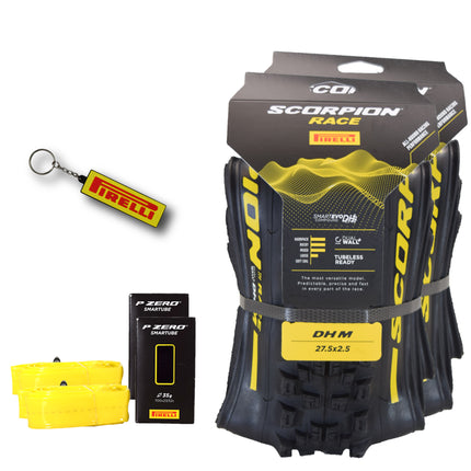 Pirelli Scorpion Race DH M Yellow 63-584 (27.5x 2.5) MTB Bicycle Tire & SmarTUBE 23/32-622 Set- Designed for Hardpacked Courses and Mixed Terrain, 60TPI - Mountain Bike Tire w/Keychain(2 Pk)