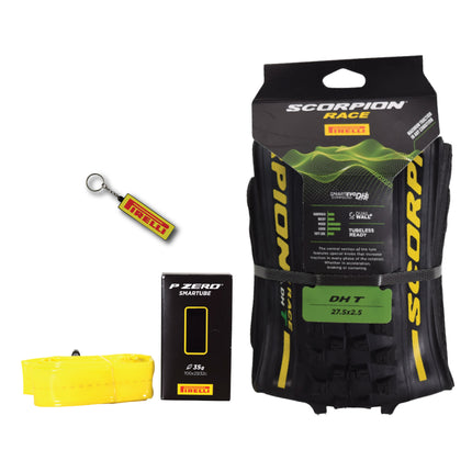 Pirelli Scorpion Race DH T Yellow 63-584 (27.5x 2.5) MTB Bicycle Tire & SmarTUBE 23/32-622 Set- Designed for Hardpacked Courses and Mixed Terrain, 60TPI - Mountain Bike Tire w/Keychain