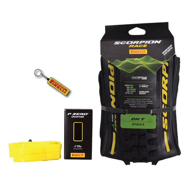 Pirelli Scorpion Race DH T Yellow 63-584 (27.5x 2.5) MTB Bicycle Tire & SmarTUBE 23/32-622 Set- Designed for Hardpacked Courses and Mixed Terrain, 60TPI - Mountain Bike Tire w/Keychain