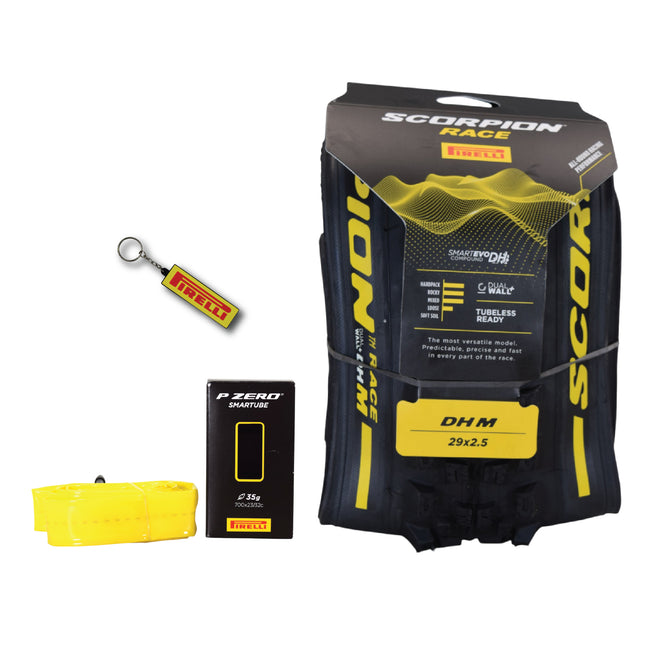 Pirelli Scorpion Race DH M Yellow 63-622 (29x 2.5) MTB Bicycle Tire & SmarTUBE 23/32-622 Set- Designed for Hardpacked Courses and Mixed Terrain, 60TPI - Mountain Bike Tire w/Keychain
