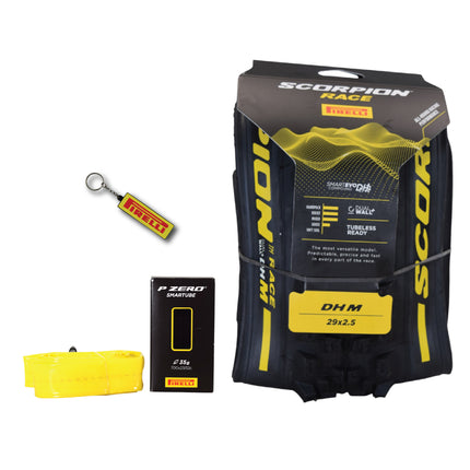 Pirelli Scorpion Race DH M Yellow 63-622 (29x 2.5) MTB Bicycle Tire & SmarTUBE 23/32-622 Set- Designed for Hardpacked Courses and Mixed Terrain, 60TPI - Mountain Bike Tire w/Keychain