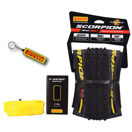 Pirelli Scorpion XC RC LITE Yellow Label 55-622  (29x 2.2) MTB Bicycle Tire & SmarTUBE 23/32-622 Set- Designed for Demanding XC Courses, 120TPI and LITE MTB Casing- Mountain Bike Tire w/Keychain
