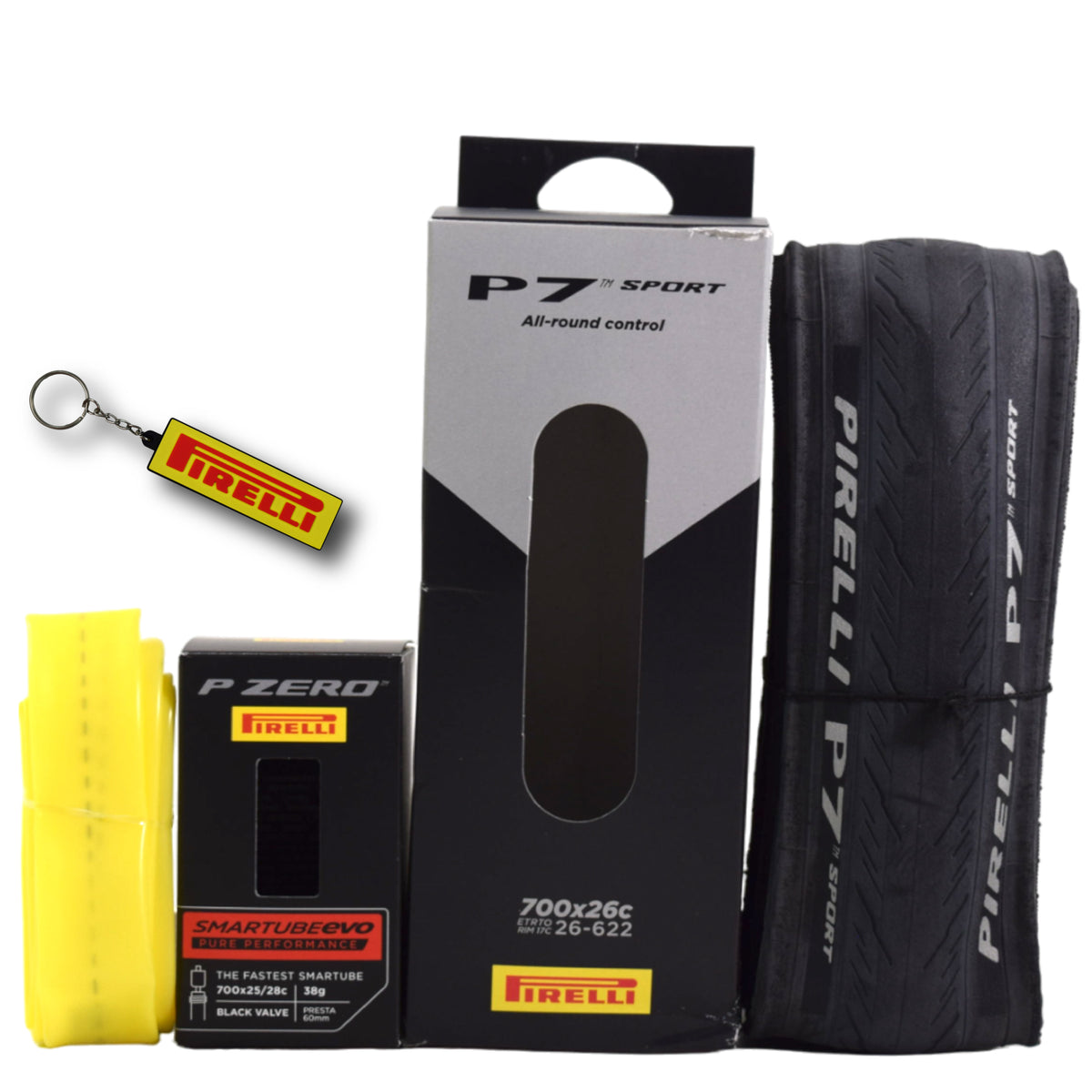 Pirelli P7 Sport 26-622 (700x26c) Road Bike Tire & SmarTUBE 23/32-622 700C Presta Tube Set -  All-Round Performance - 60tpi TechBELT Casing & PRO Compound for Comfort & Handling w/Keychain