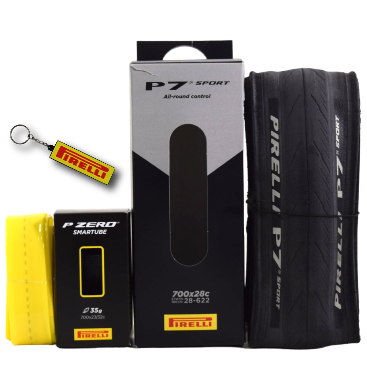 Pirelli P7 Sport 28-622 (700x28c) Road Bike Tire & SmarTUBE 23/32-622 700C Presta Tube Set -  All-Round Performance - 60tpi TechBELT Casing & PRO Compound for Comfort & Handling w/Keychain