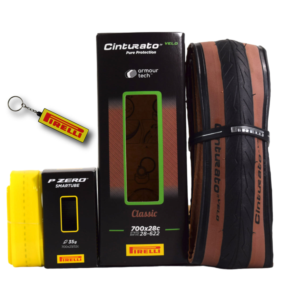 Pirelli Cinturato Velo TLR Classic 28-622 (700 x 28c) Road Bicycle Tire & 23/32-622 Presta P ZERO SmarTUBE - Armour Tech, Clincher Type, Tubeless Ready Bike Tire with Keychain 700x28c