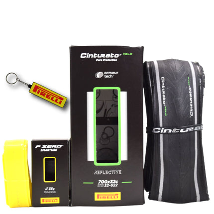 Pirelli Cinturato Velo TLR Reflective 32-622 (700 x 32c) Road Bicycle Tire & 23/32-622 Presta P ZERO SmarTUBE - Armour Tech, Clincher Type, Tubeless Ready Bike Tire with Keychain 700x32c