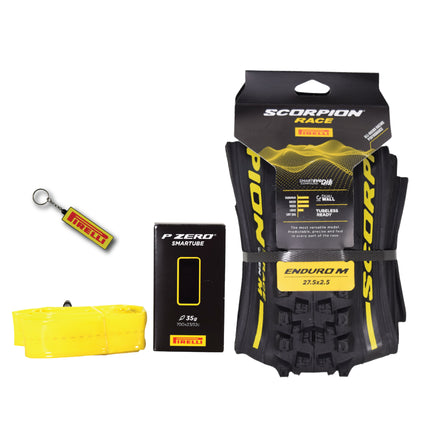 Pirelli Scorpion Race Enduro M Yellow Label 63-584 (27.5x 2.5) MTB Bicycle Tire & SmarTUBE 23/32-622 Set- Designed for Hardpacked Courses and Mixed Terrains, 120x2TPI - Mountain Bike Tire w/Keychain
