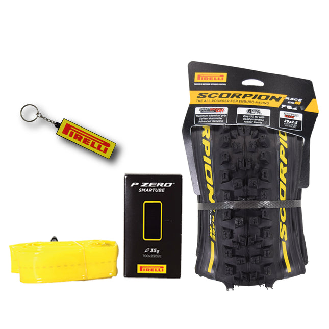 Pirelli Scorpion Race Enduro M Yellow Label 63-622 (29x 2.5) MTB Bicycle Tire & SmarTUBE 23/32-622 Set- Designed for Hardpacked Courses and Mixed Terrains, 120x2TPI - Mountain Bike Tire w/Keychain